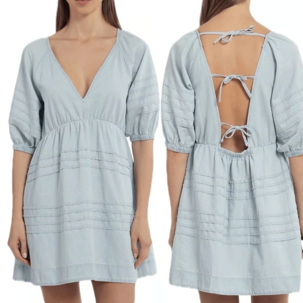 7 For All Mankind Chambray Puff Sleeve Babydoll Sundress Milkmaid Cottagecore L
